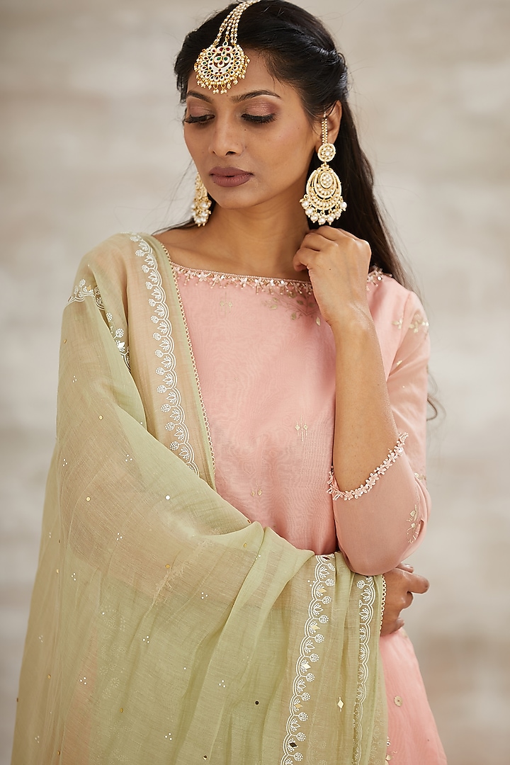 Peach & Beige Embroidered Kurta Set by Mandira Wirk - Indian at Pernia's Pop Up Shop
