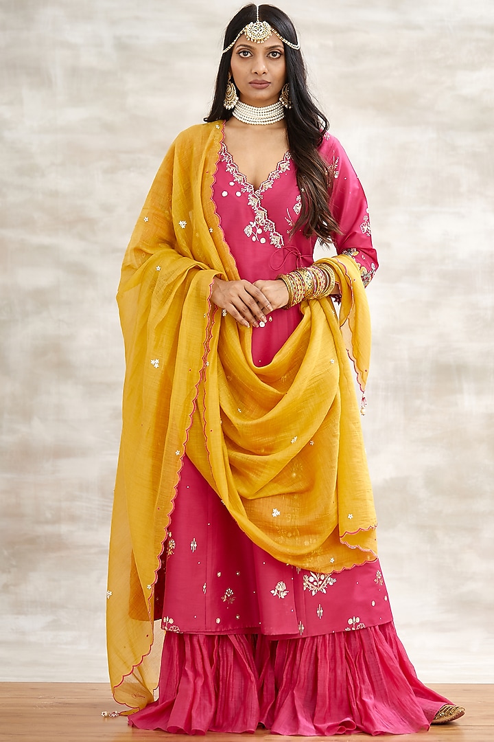 Fuchsia & Yellow Embroidered Sharara Set by Mandira Wirk