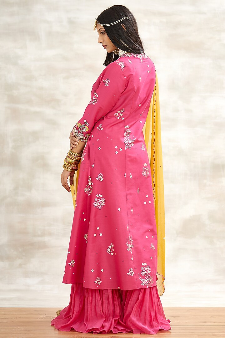 Fuchsia & Yellow Embroidered Wedding Sharara Set by Mandira Wirk - Indian at Pernia's Pop Up Shop