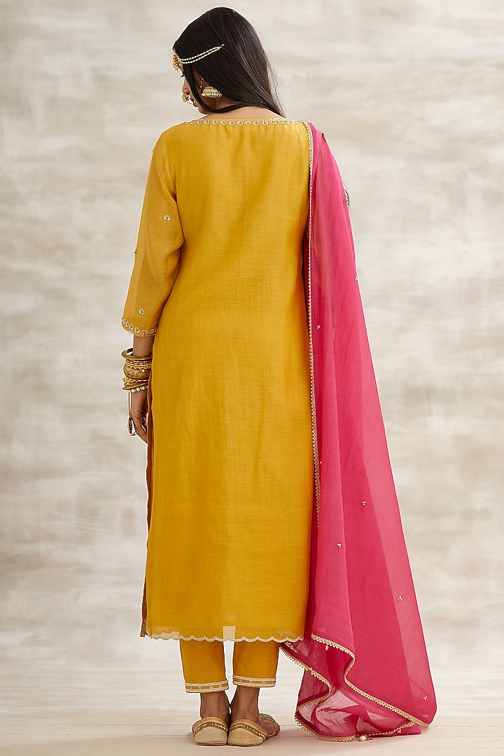 Mustard & Fuchsia Embroidered Kurta Set by Mandira Wirk - Indian at Pernia's Pop Up Shop