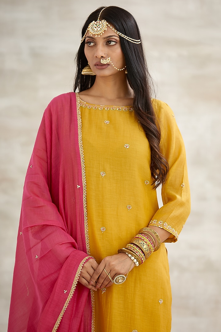 Mustard & Fuchsia Embroidered Kurta Set by Mandira Wirk - Indian at Pernia's Pop Up Shop