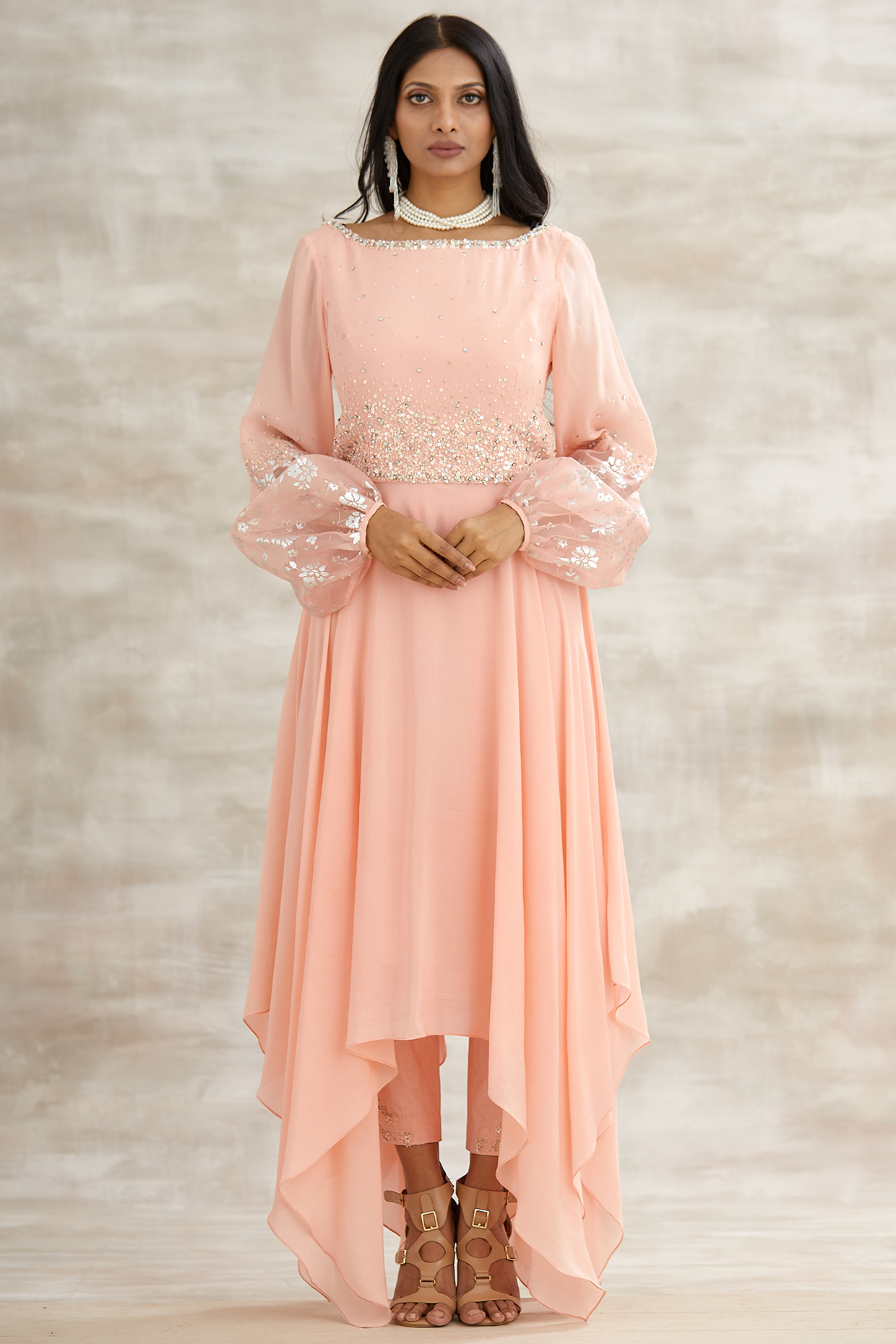 Peach Embroidered & Printed Tunic Set  by Mandira Wirk - Indian at Pernia's Pop Up Shop