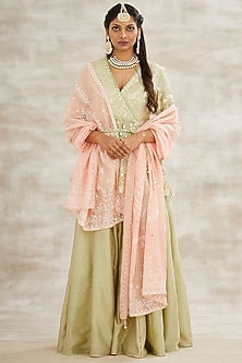 Jade Green & Blush Pink Embroidered Sharara Set by Mandira Wirk - Indian-SHOP BY STYLE