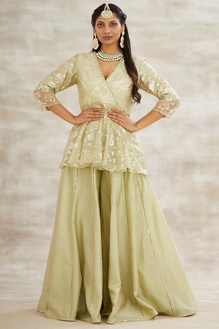 Jade Green & Blush Pink Embroidered Wedding Sharara Set by Mandira Wirk - Indian at Pernia's Pop Up Shop