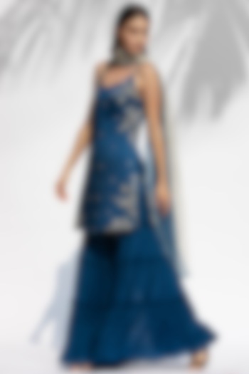 Sapphire Blue Chiffon Tiered Wedding Sharara Set by Mandira Wirk - Indian at Pernia's Pop Up Shop
