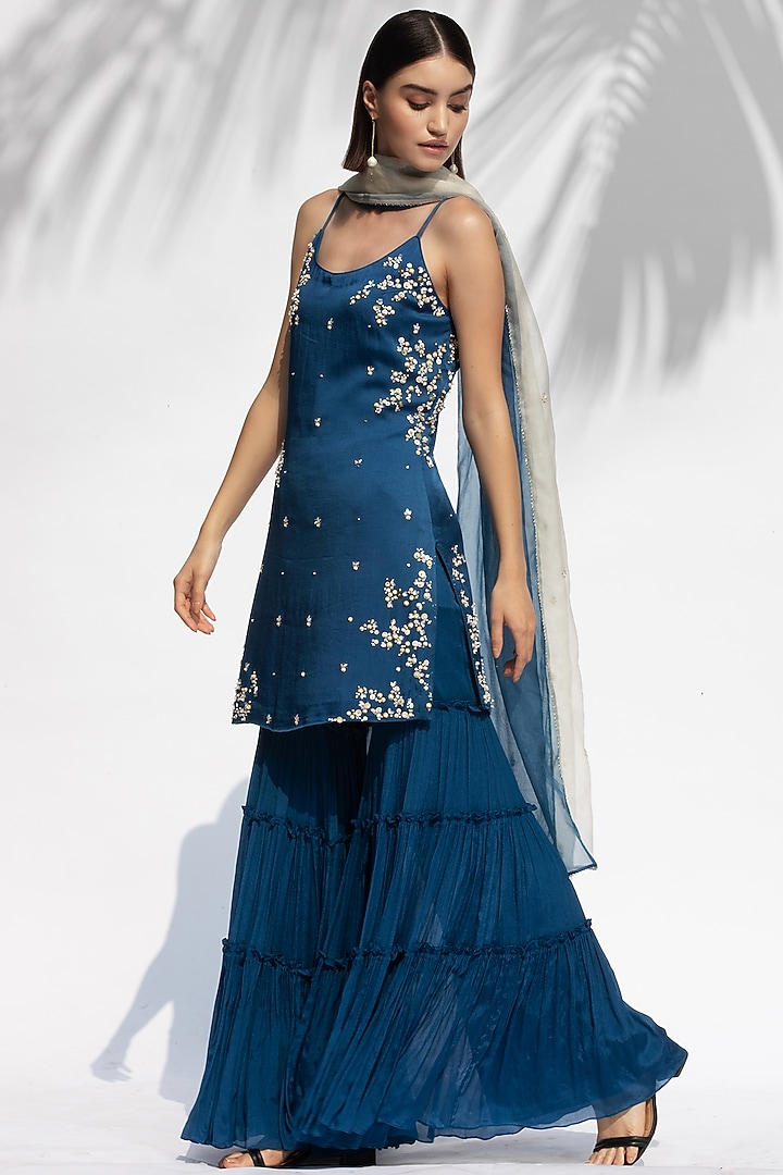 Sapphire Blue Chiffon Tiered Wedding Sharara Set by Mandira Wirk - Indian at Pernia's Pop Up Shop