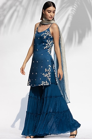 Sapphire Blue Chiffon Tiered Sharara Set by Mandira Wirk - Indian