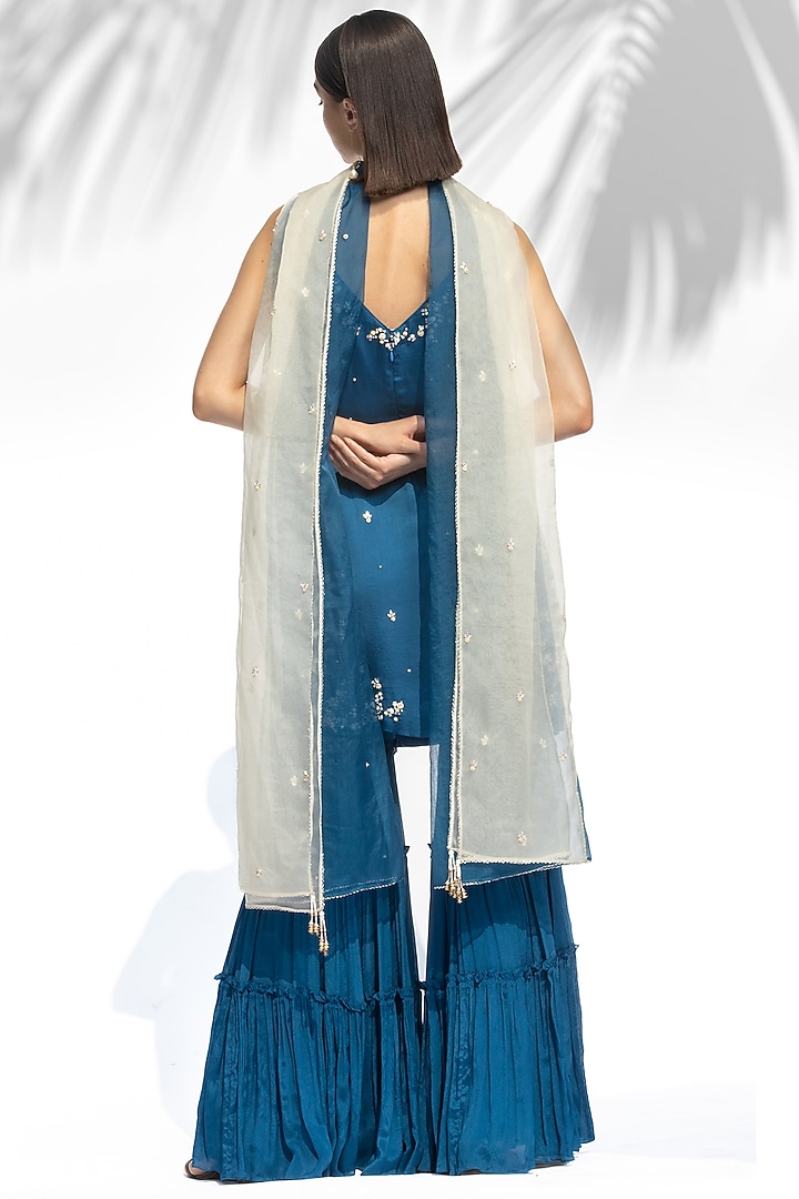 Sapphire Blue Chiffon Tiered Wedding Sharara Set by Mandira Wirk - Indian at Pernia's Pop Up Shop