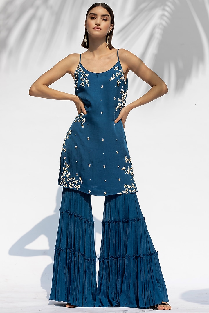 Sapphire Blue Chiffon Tiered Wedding Sharara Set by Mandira Wirk - Indian at Pernia's Pop Up Shop