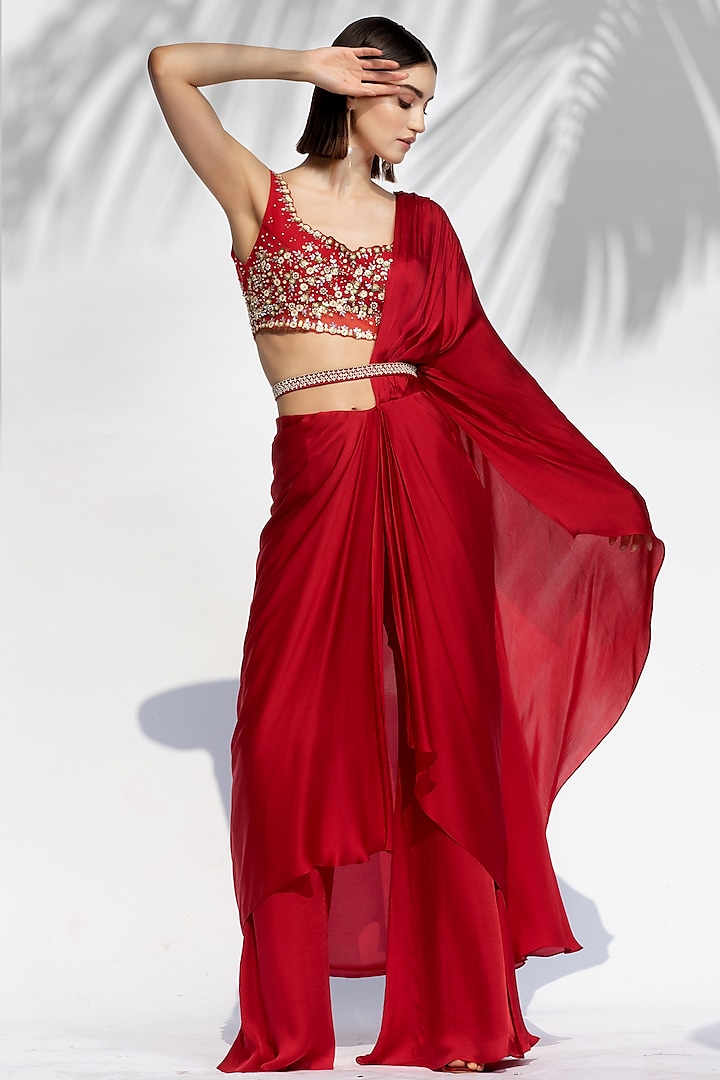 Ruby Red Satin Georgette Draped Saree Set by Mandira Wirk
