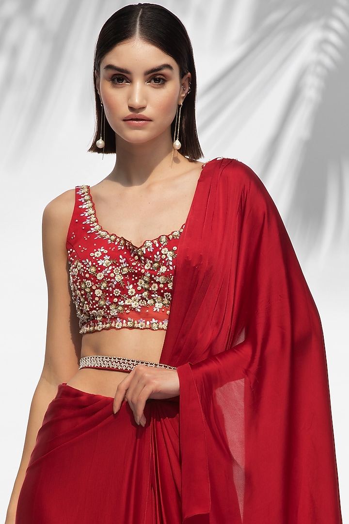 Ruby Red Satin Georgette Draped Wedding Saree Set by Mandira Wirk - Indian at Pernia's Pop Up Shop