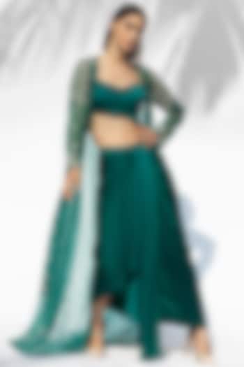 Emerald Green Satin Georgette Draped Skirt Set With Jacket by Mandira Wirk