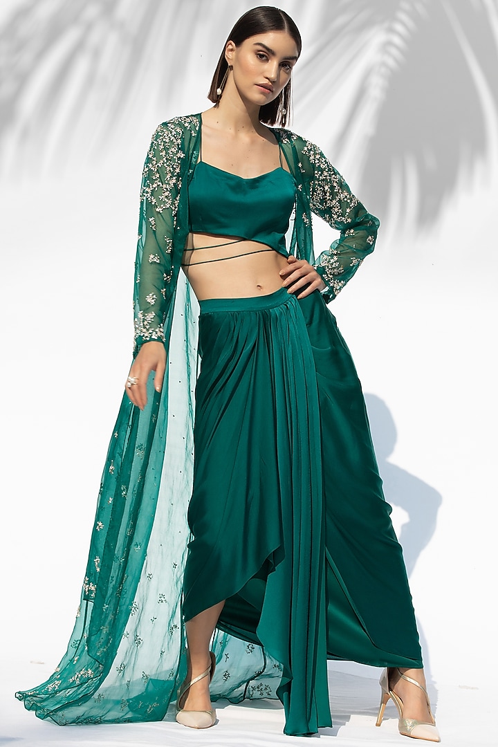 Emerald Green Satin Georgette Draped Skirt Set With Jacket by Mandira Wirk at Pernia's Pop Up Shop