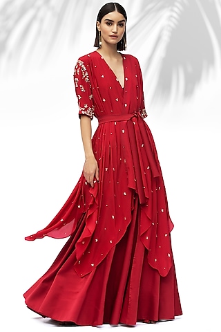 Ruby Red Embroidered Tunic Set by Mandira Wirk - Indian