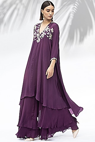 Jade Purple Chiffon Sharara Set by Mandira Wirk - Indian