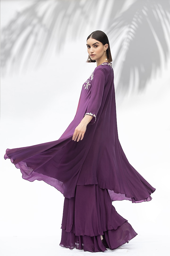 Jade Purple Chiffon Wedding Sharara Set by Mandira Wirk - Indian at Pernia's Pop Up Shop
