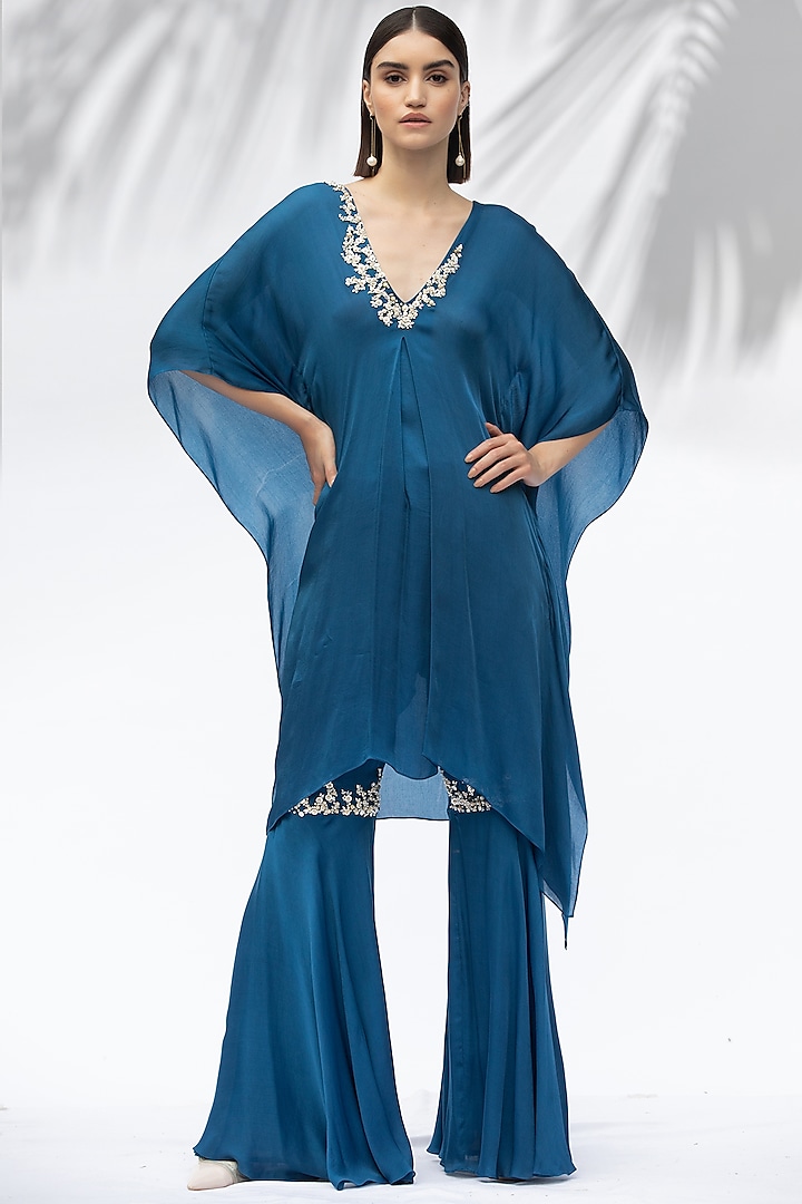Sapphire Blue Satin Georgette Gharara Set by Mandira Wirk