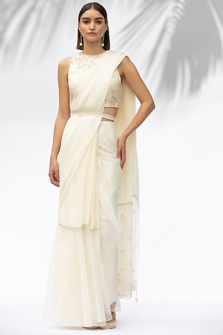 Ivory Embroidered Pre-Pleated Saree Set by Mandira Wirk at Pernia's Pop Up Shop