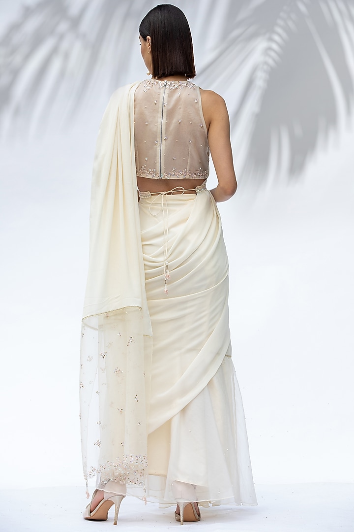 Ivory Embroidered Pre-Pleated Wedding Saree Set by Mandira Wirk - Indian at Pernia's Pop Up Shop