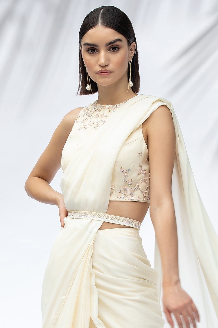Ivory Embroidered Pre-Pleated Wedding Saree Set by Mandira Wirk - Indian at Pernia's Pop Up Shop
