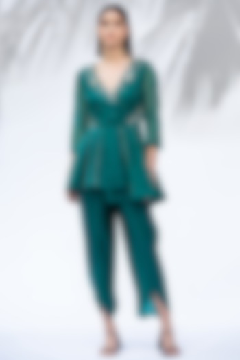 Emerald Green Satin Georgette Tulip Dhoti Set by Mandira Wirk - Indian at Pernia's Pop Up Shop