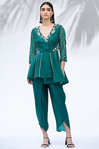 Emerald Green Satin Georgette Tulip Dhoti Set by Mandira Wirk - Indian