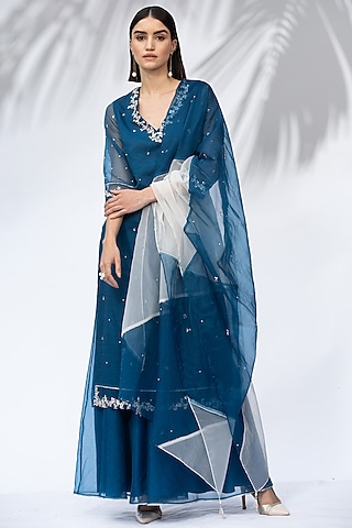 Sapphire Blue Embroidered Straight Kurta Set by Mandira Wirk - Indian