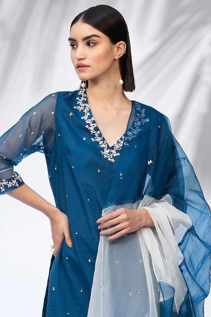 Sapphire Blue Embroidered Straight Kurta Set by Mandira Wirk - Indian at Pernia's Pop Up Shop