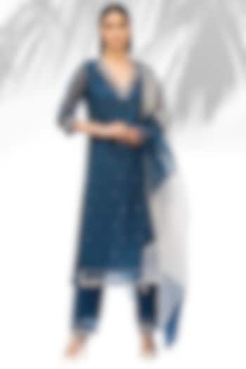 Sapphire Blue Organza Straight Kurta Set by Mandira Wirk - Indian at Pernia's Pop Up Shop