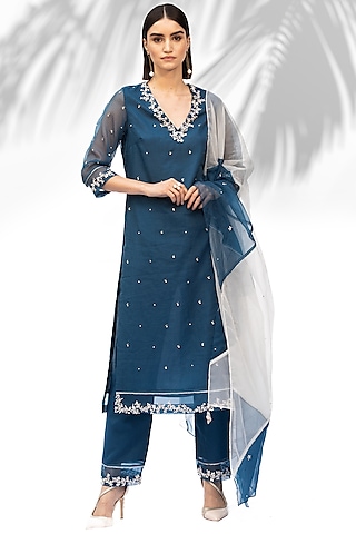 Sapphire Blue Organza Straight Kurta Set by Mandira Wirk - Indian