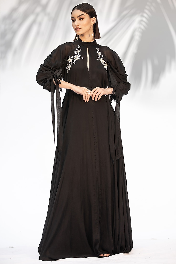 Black Embroidered Cowl Vacation Dress With Belt by Mandira Wirk - Indian at Pernia's Pop Up Shop