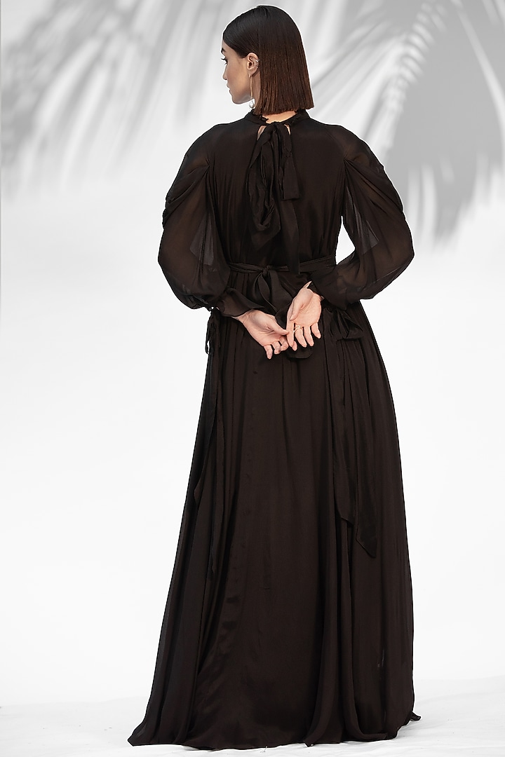 Black Embroidered Cowl Vacation Dress With Belt by Mandira Wirk - Indian at Pernia's Pop Up Shop