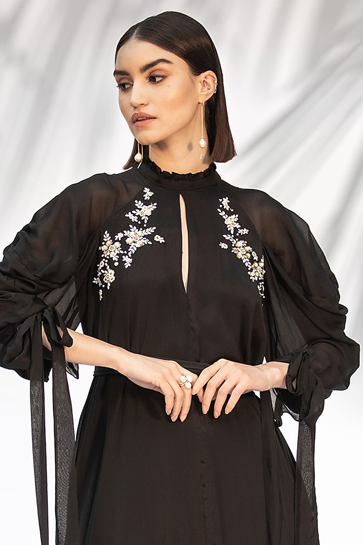 Black Embroidered Cowl Vacation Dress With Belt by Mandira Wirk - Indian at Pernia's Pop Up Shop