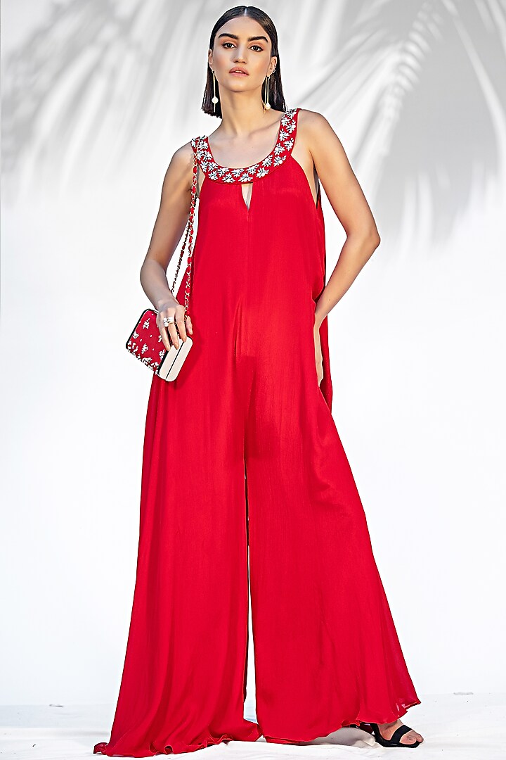 Ruby Red Embroidered Jumpsuit by Mandira Wirk