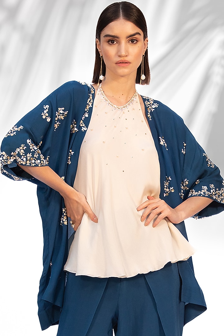 Sapphire Blue Crepe Dhoti Set by Mandira Wirk - Indian at Pernia's Pop Up Shop