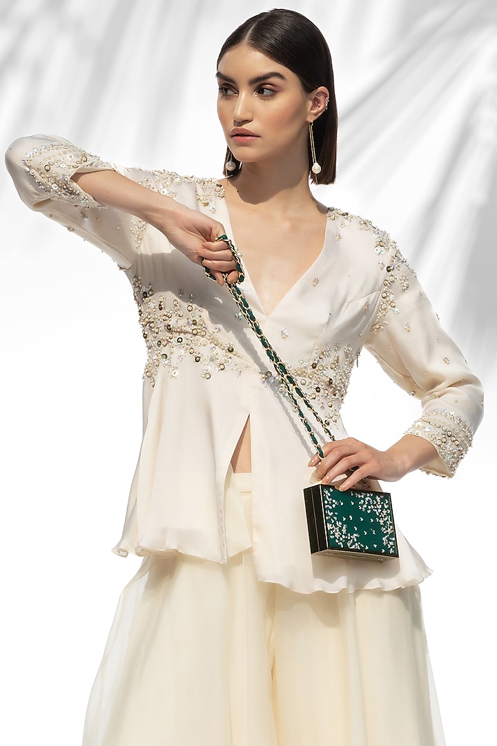Turquoise Hand Embroidered Clutch by Mandira Wirk - Indian at Pernia's Pop Up Shop