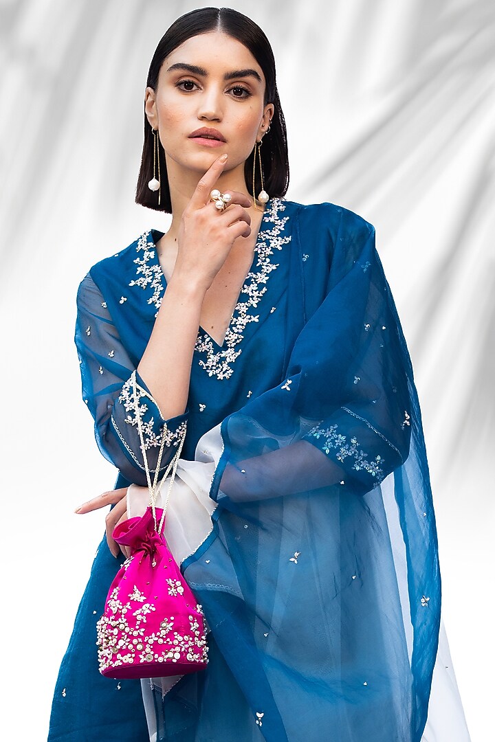 Hot Pink Hand Embroidered Potli by Mandira Wirk - Indian at Pernia's Pop Up Shop
