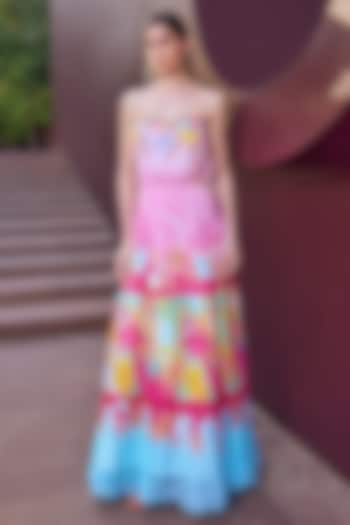 Pink & Blue Chiffon Placement Printed Tiered Maxi Dress by Mandira Wirk at Pernia's Pop Up Shop