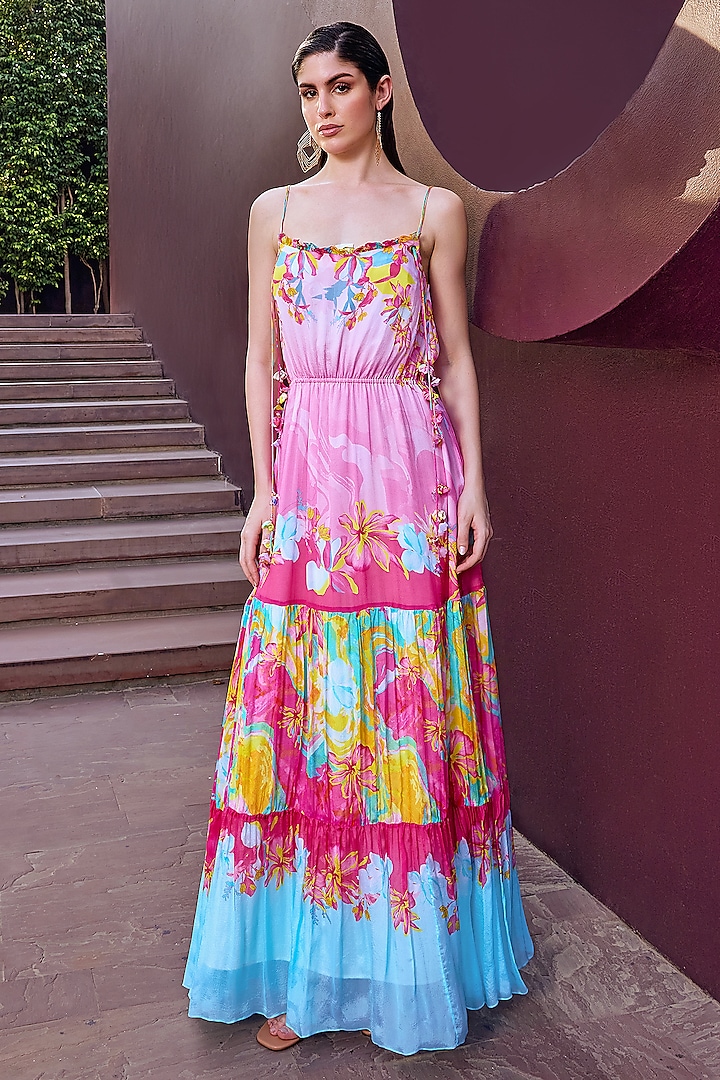 Pink & Blue Chiffon Placement Printed Tiered Maxi Dress by Mandira Wirk at Pernia's Pop Up Shop