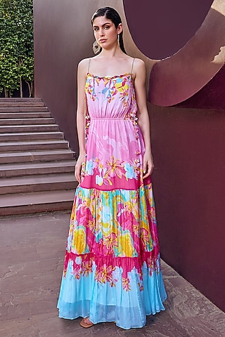 Pink & Blue Chiffon Placement Printed Tiered Maxi Dress by Mandira Wirk - Resort