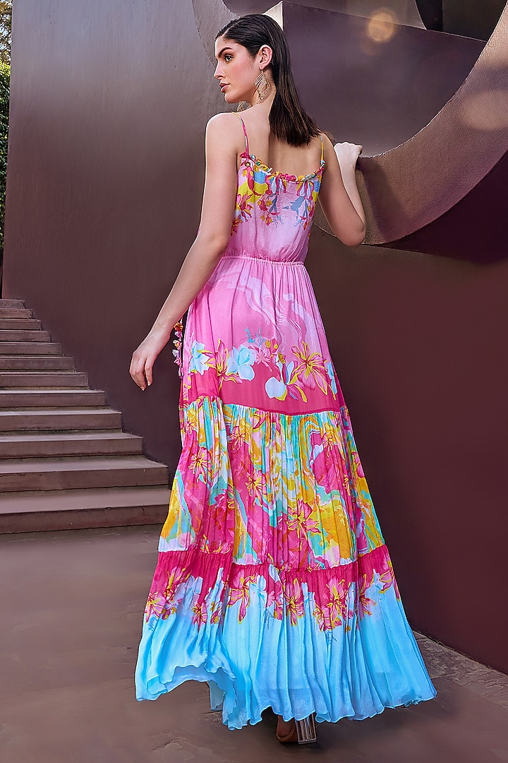 Pink & Blue Chiffon Placement Printed Tiered Maxi Vacation Dress by Mandira Wirk - Resort at Pernia's Pop Up Shop