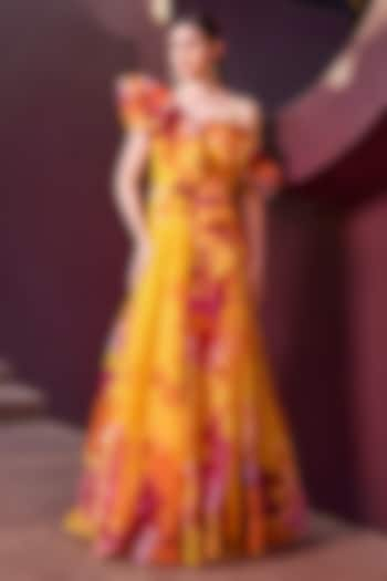 Ochre Poly Organza Floral Printed One-Shoulder Gown by Mandira Wirk at Pernia's Pop Up Shop