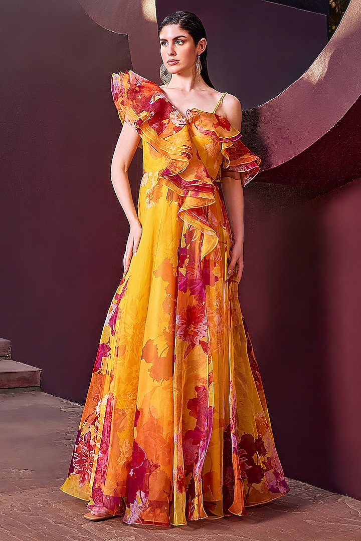 Ochre Poly Organza Floral Printed One-Shoulder Gown by Mandira Wirk at Pernia's Pop Up Shop