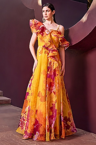 Ochre Poly Organza Floral Printed One-Shoulder Gown by Mandira Wirk - Resort
