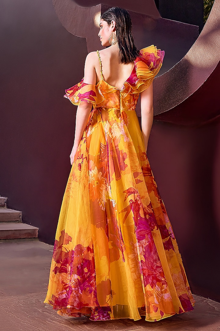 Ochre Poly Organza Floral Printed One-Shoulder Engagement Gown by Mandira Wirk - Resort at Pernia's Pop Up Shop