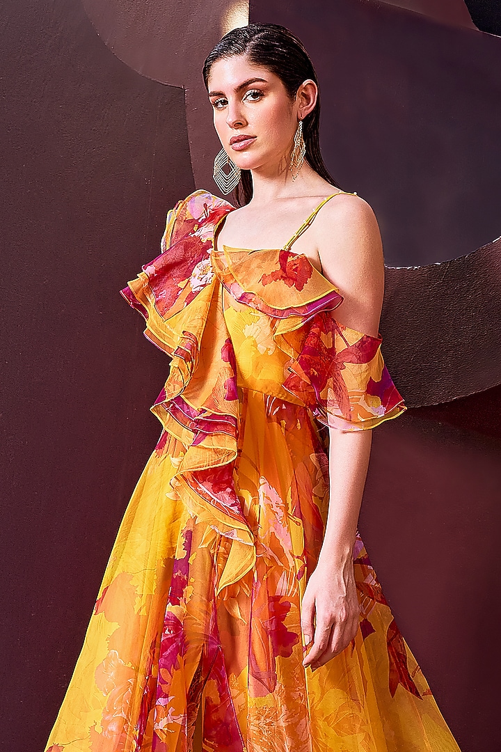 Ochre Poly Organza Floral Printed One-Shoulder Engagement Gown by Mandira Wirk - Resort at Pernia's Pop Up Shop