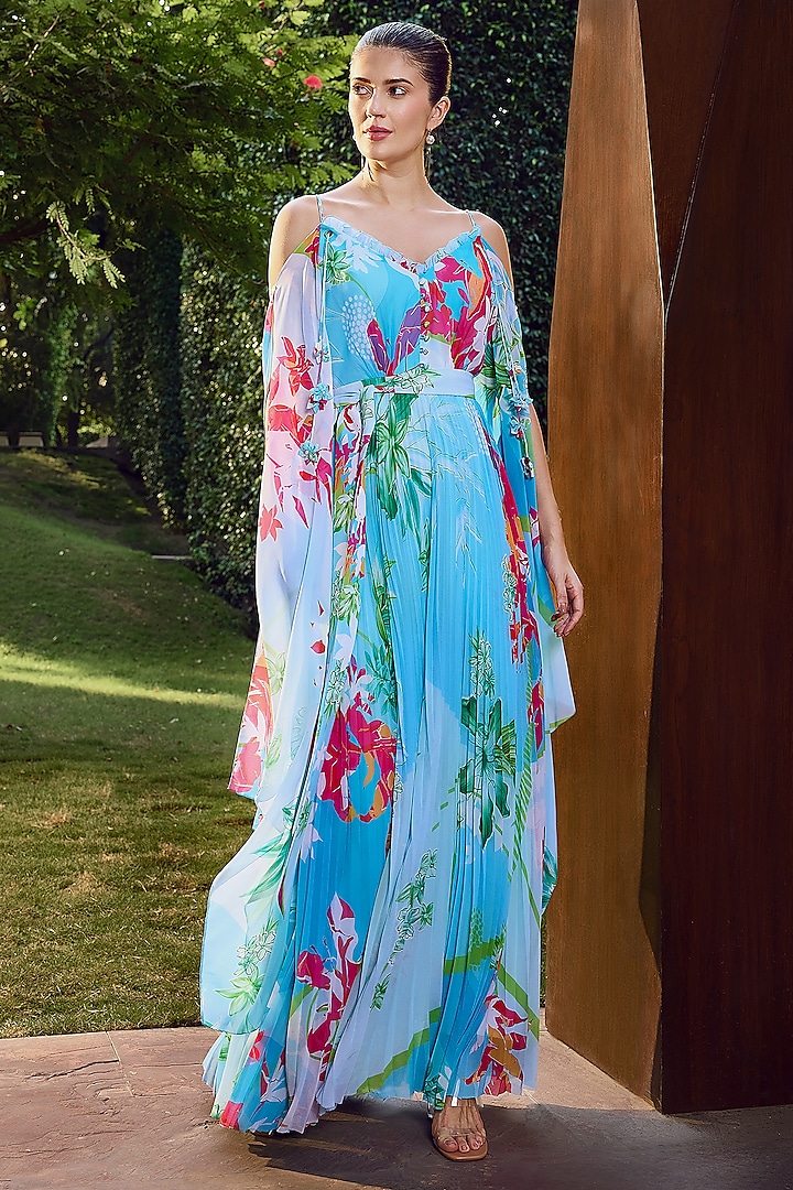 Blue Poly Georgette Printed Pleated Maxi Dress by Mandira Wirk at Pernia's Pop Up Shop