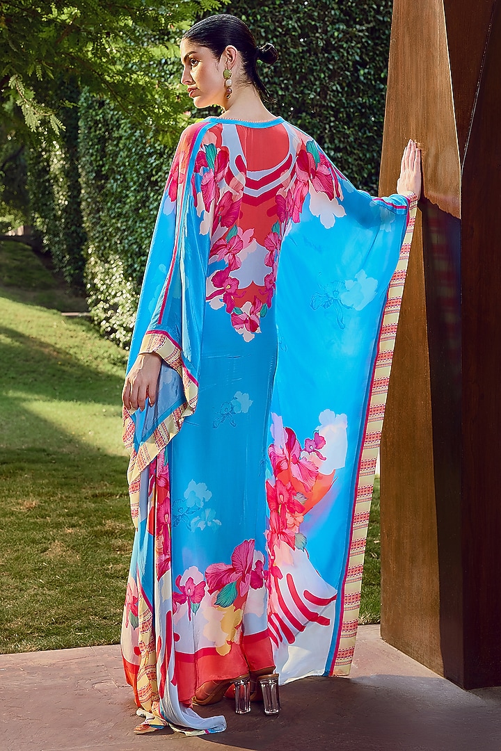 Blue Viscose Crepe Floral Printed Kaftan by Mandira Wirk - Resort at Pernia's Pop Up Shop