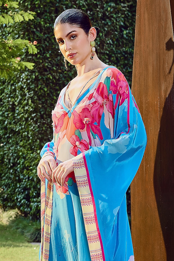 Blue Viscose Crepe Floral Printed Kaftan by Mandira Wirk - Resort at Pernia's Pop Up Shop