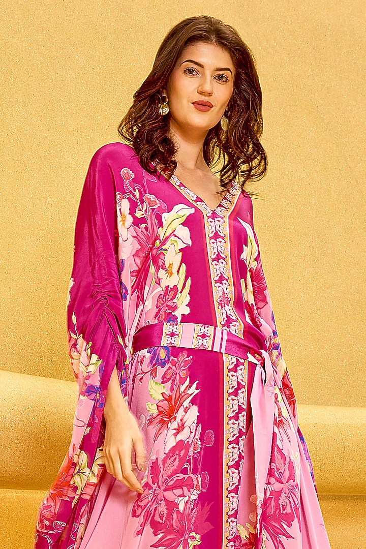 Purple Viscose Crepe Floral Printed Kaftan by Mandira Wirk - Resort at Pernia's Pop Up Shop